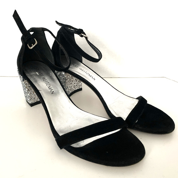 Stuart Weitzman Simplemid Ankle Strap Sandal Black Open Toe Glitter Bloc… - Picture 2 of 8